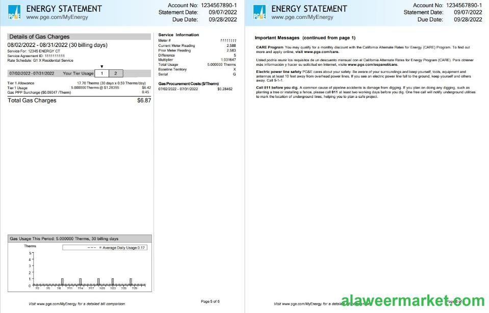 USA California PG&E (Pacific Gas and Electric Company) utility bill, Word and PDF template, 6 pages 5 6